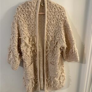 Fringed Open-Front Cream Knit Cardigan Sweater